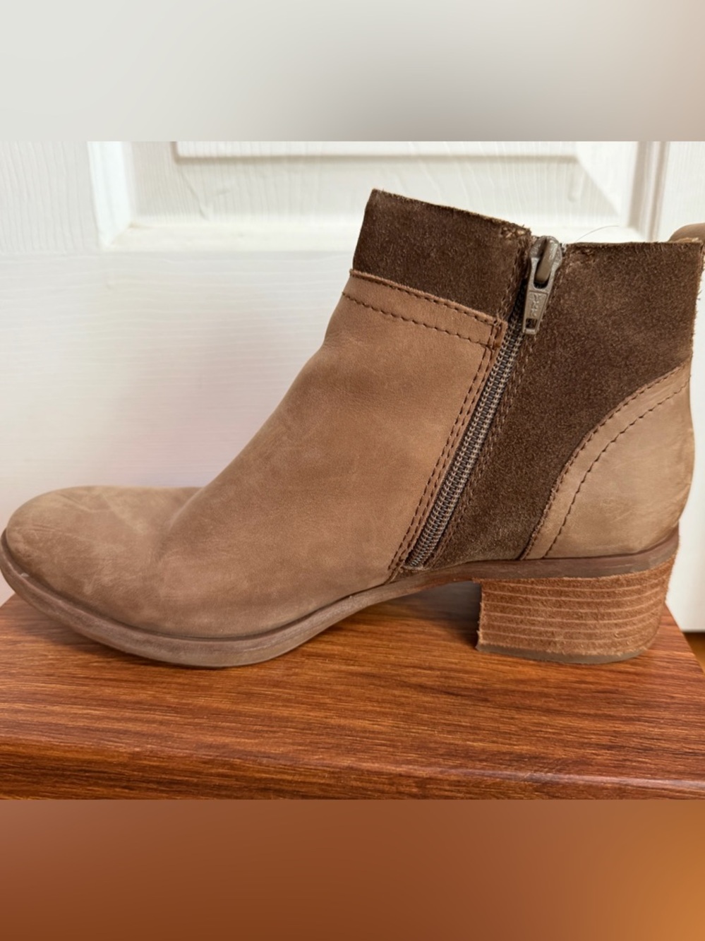 Kork-Ease Two-Tone Taupe and Dark Brown Leather Ankle Booties - Picture 2 of 8